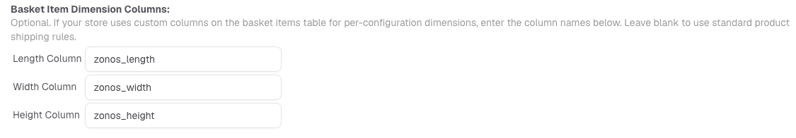 Basket item dimension column fields in the Zonos module admin